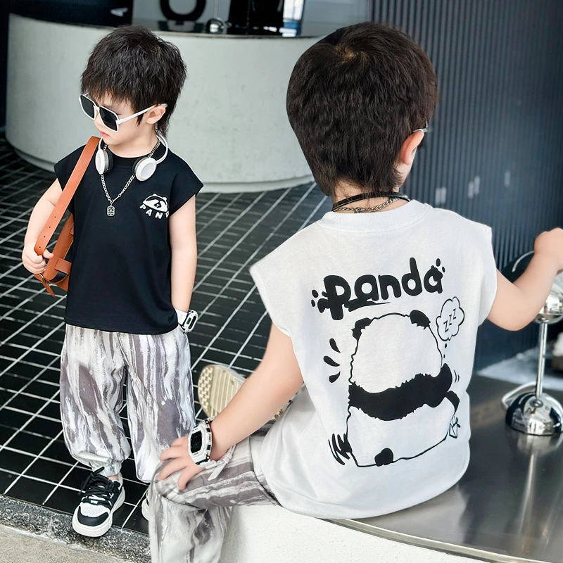 儿童2024新款无袖T恤上衣可爱宝宝熊猫卡通男女童背心清凉上衣