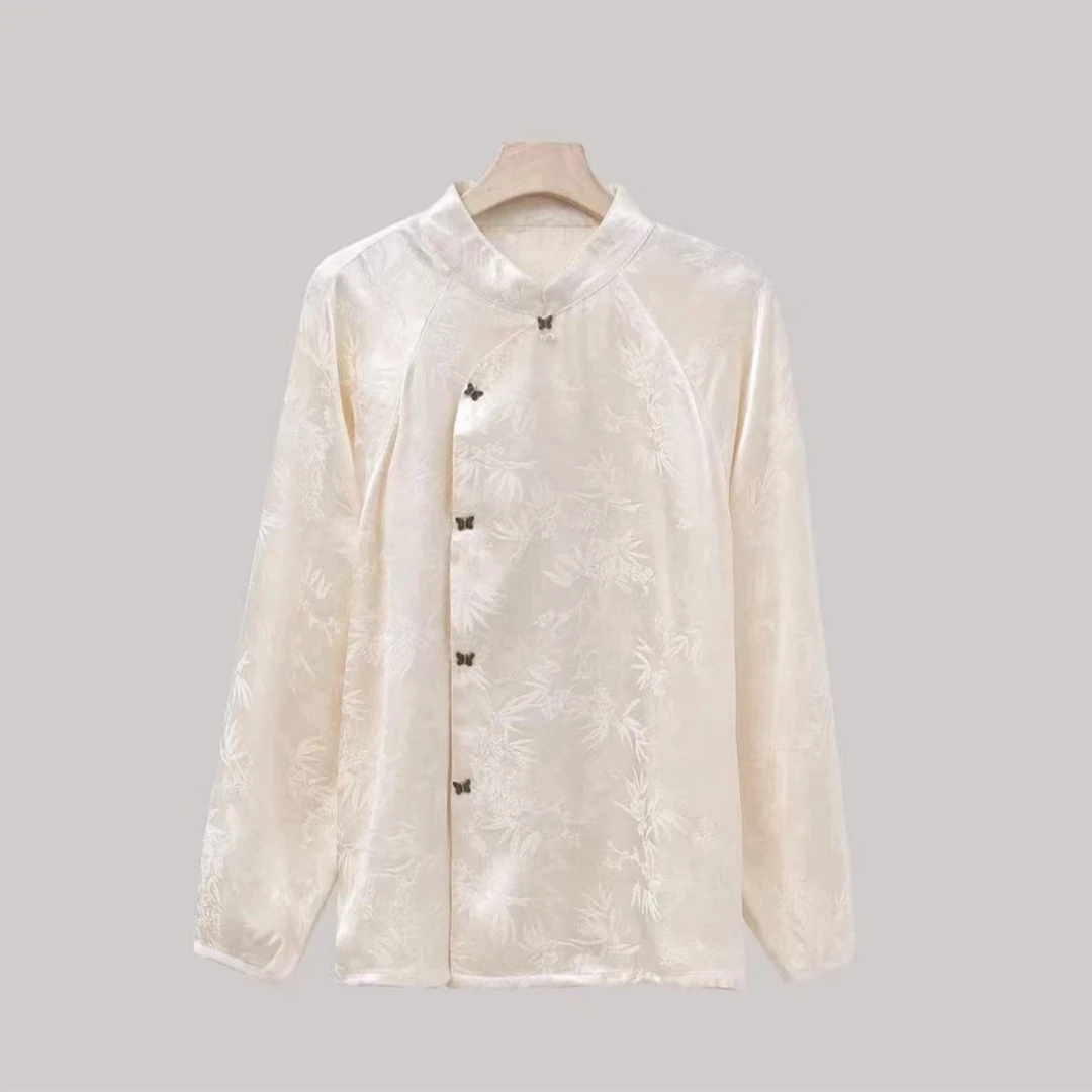 2024新中式新中式春季新款气质时尚立领提花纯色长袖衬衫衬衣254