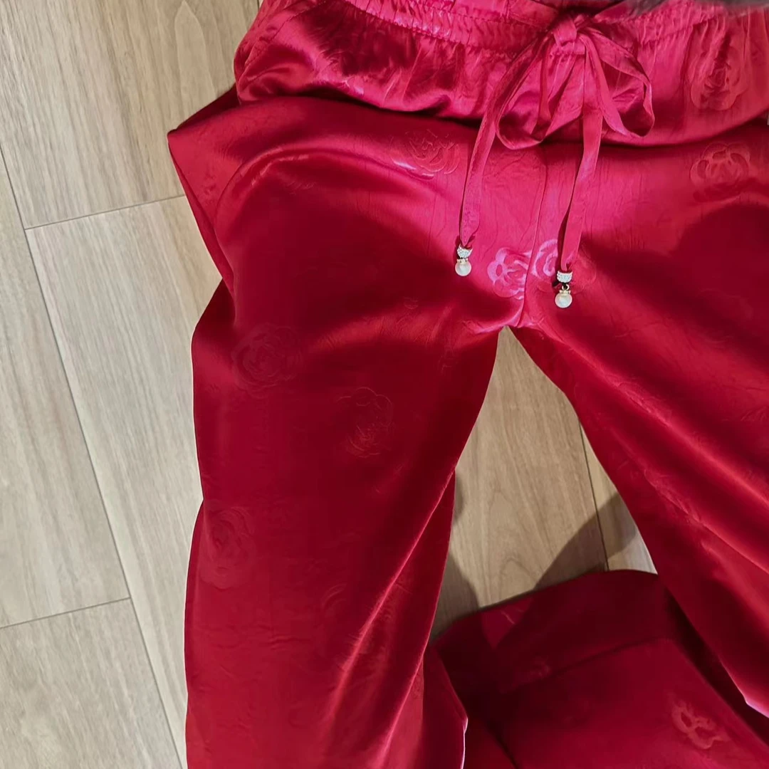 【醋 酸丝滑裤】新中式国风高腰直通窄版裤垂顺丝滑百搭休闲裤7778