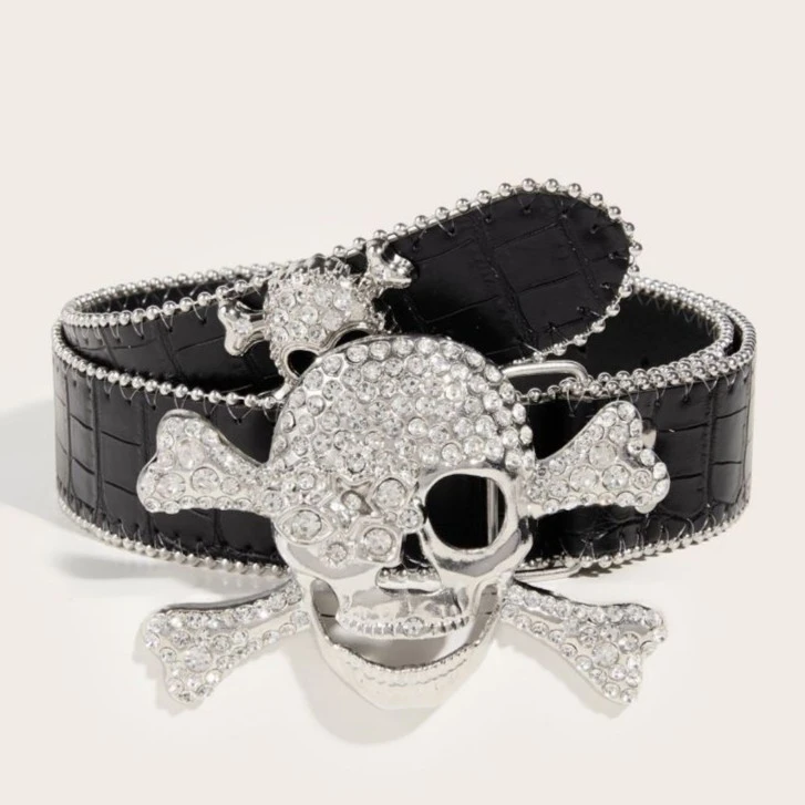 2023新款潮流皮带个性骷髅头青年腰带朋克风按扣休闲裤带黑色