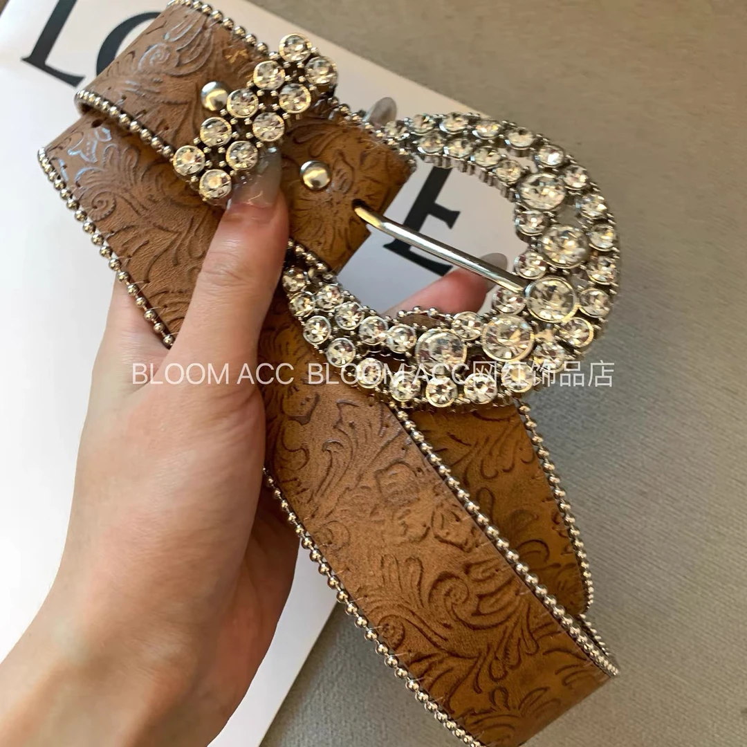 复古民族风棕色雕花纹理皮带腰带满钻锆钻扣裤带配饰