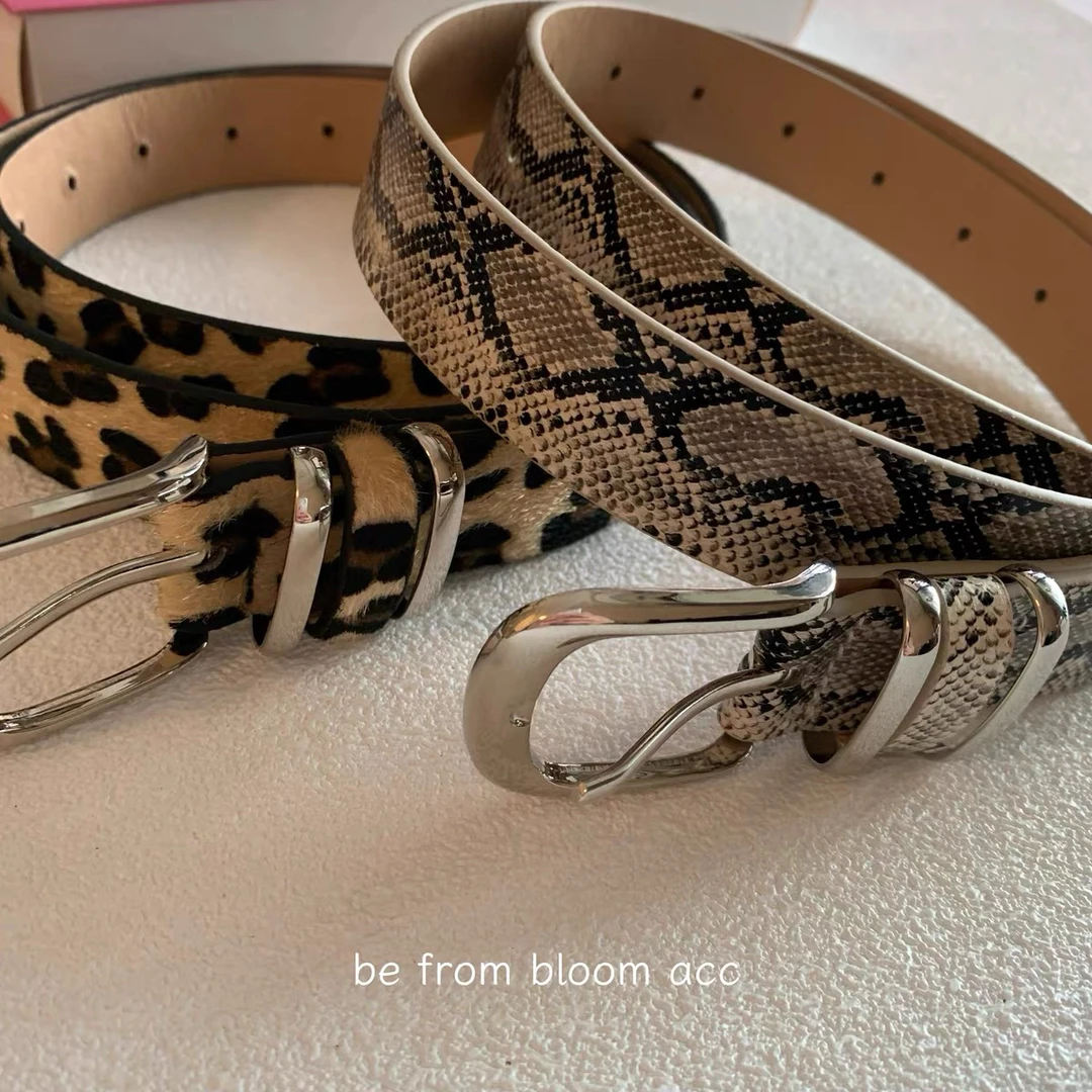 时尚ins网红辣妹风蛇皮豹纹印花腰带细款美式复古皮带百搭配饰带