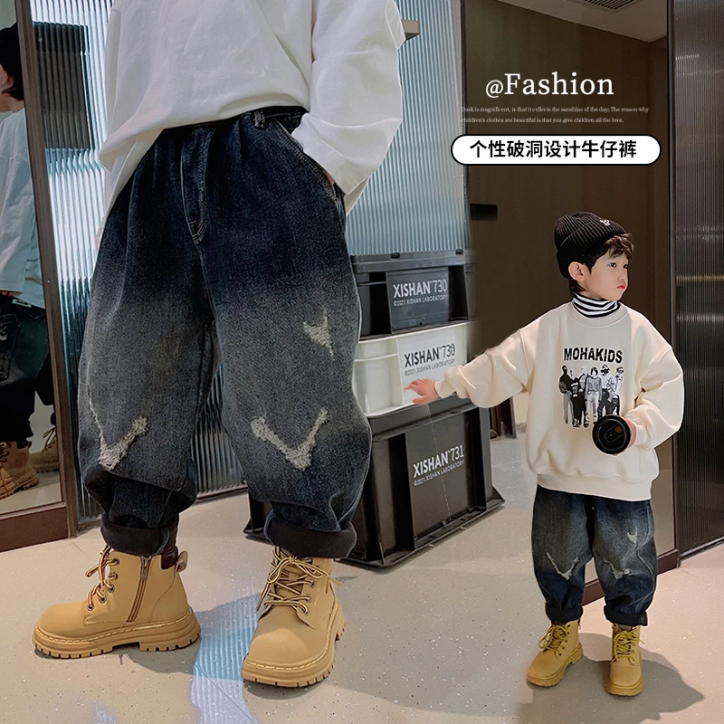 22d12322男童加绒牛仔裤痞帅童装中大童加厚冬季裤子潮牌男孩长裤
