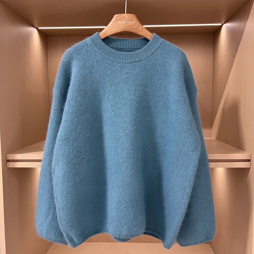 冬季新款百搭蓝色圆领套头毛衣针织衫手洗（衣长64胸124 150斤内
