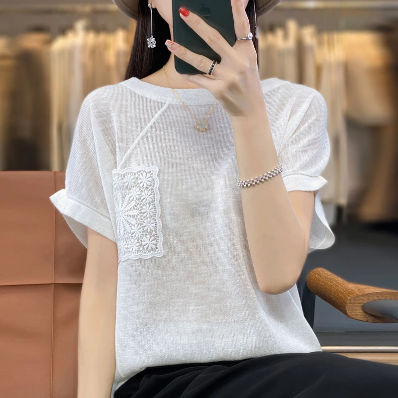 竹节麻蝙蝠袖短袖气质镂空夏季薄款百搭圆领T恤显瘦纯色