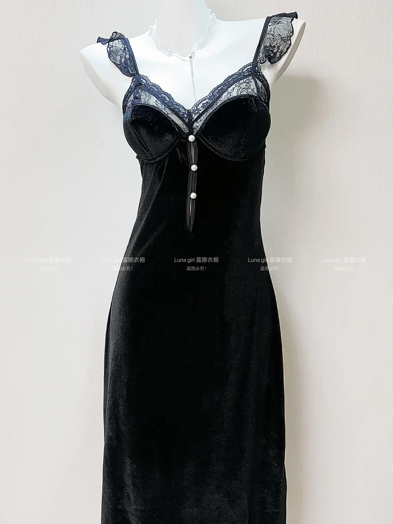 黑天鹅 秋冬金丝绒法式带胸垫蕾丝大露背女士长款睡裙睡袍居家服