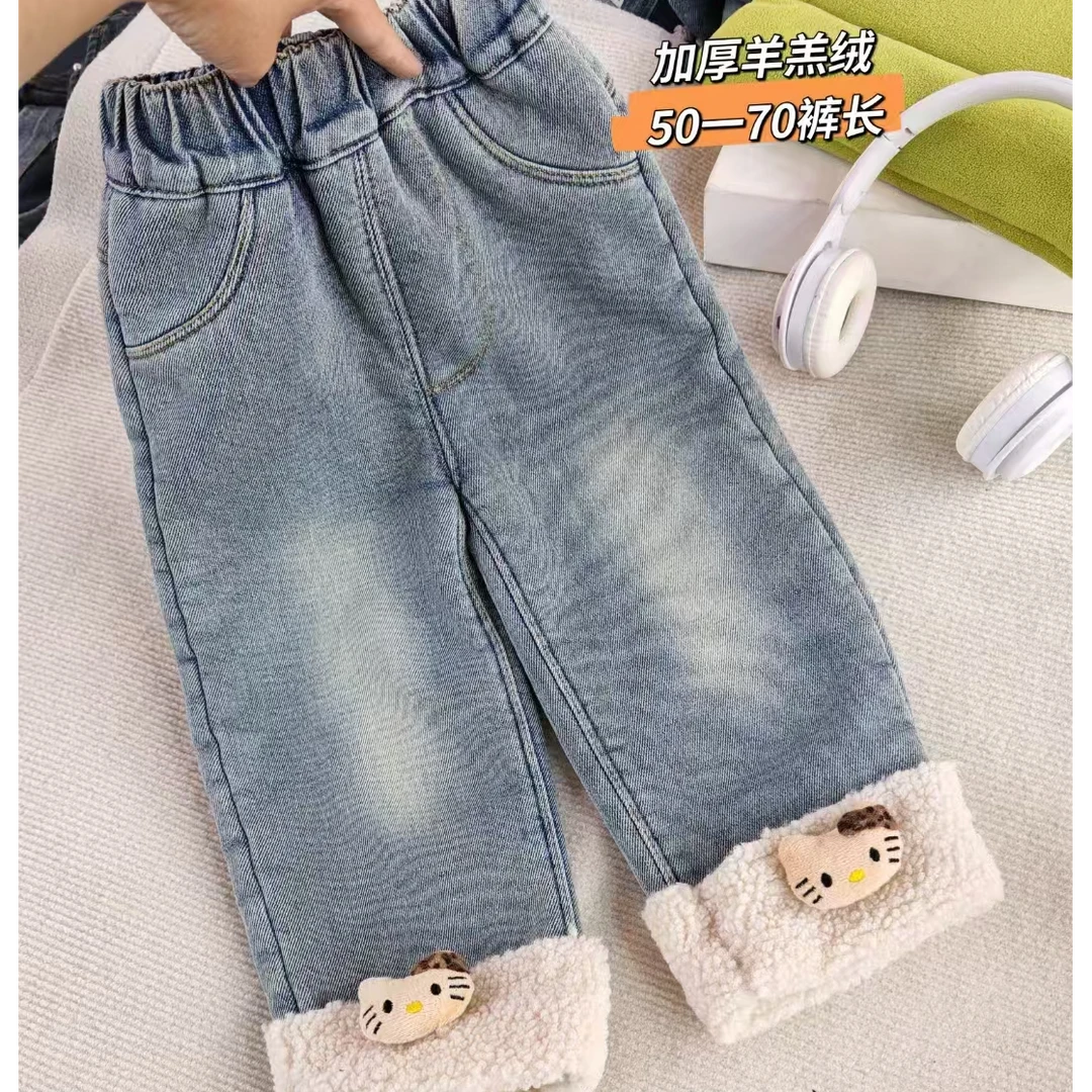 女童加绒牛仔裤秋冬新款中大童可爱卡通羊羔毛拼接直筒裤百搭加厚