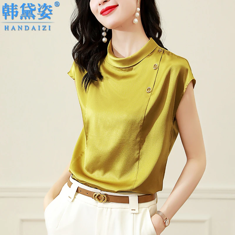 时尚洋气重磅真丝衬衫女短袖2025新款高端大牌桑蚕丝上衣短款小衫