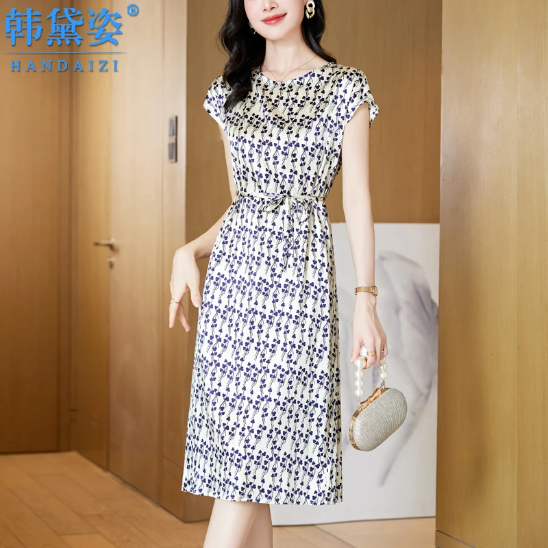 桑蚕丝品牌真丝连衣裙2025新款女印花v领遮肚子减龄妈妈夏装裙子