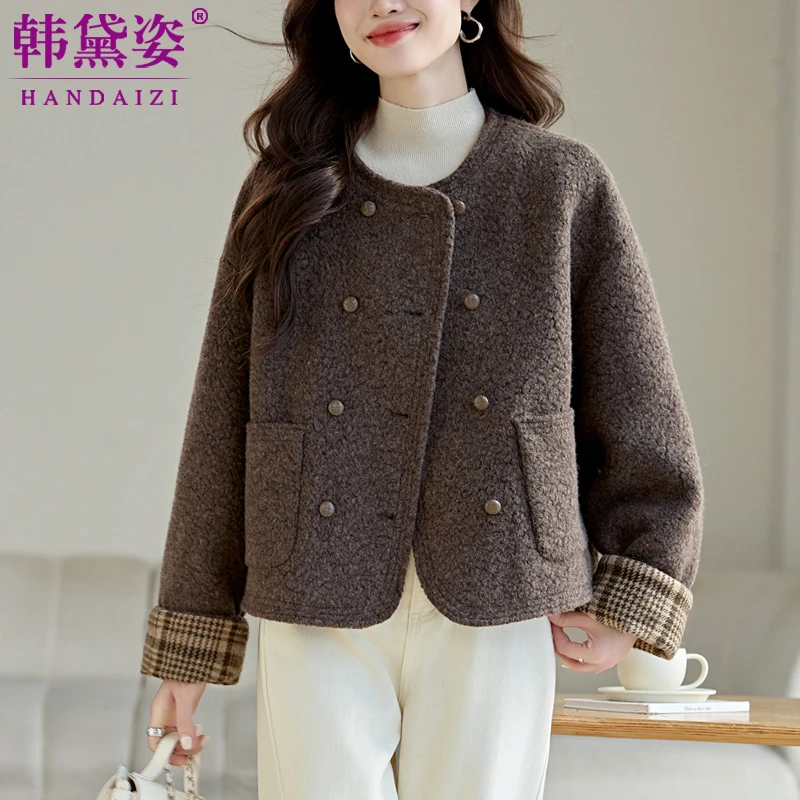 小香风时尚保暖羊毛呢鹅绒外套女短款2024冬新款双排扣加厚羽绒服