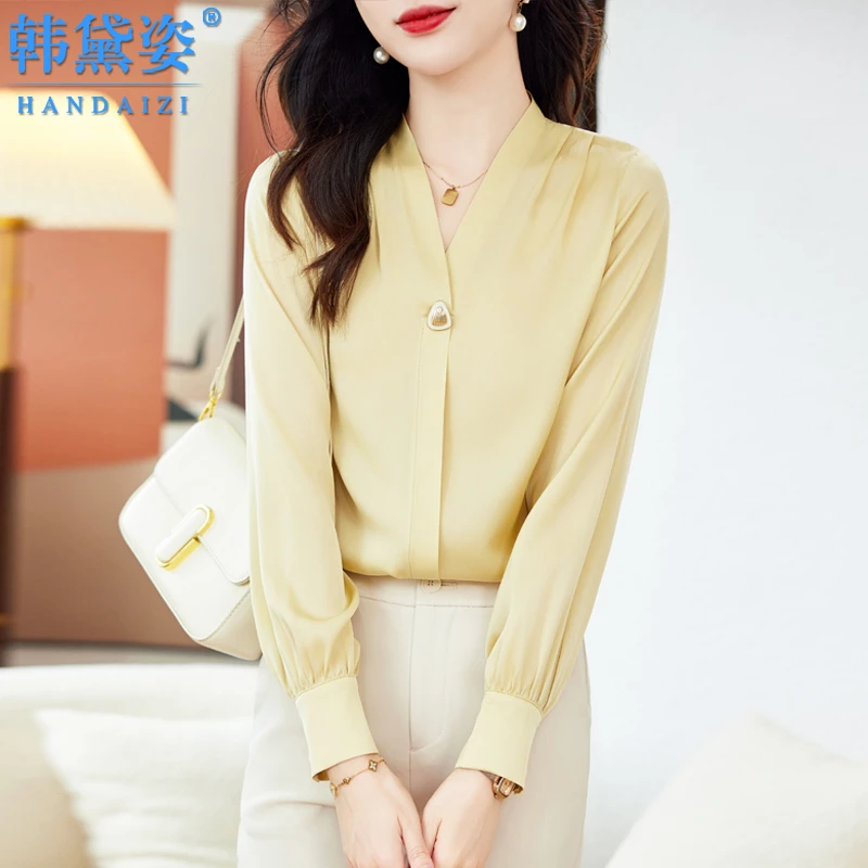 重磅真丝衬衫女长袖2025春夏季款V领纯色桑蚕丝洋气上衣显瘦衬衣
