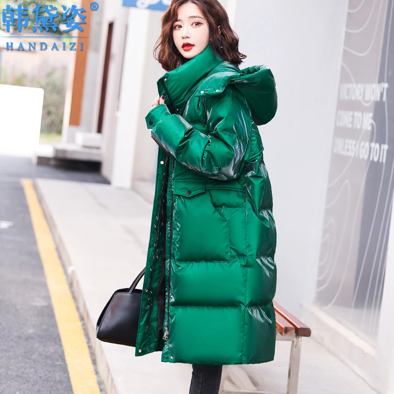 韩版免洗亮面羽绒服女中长款2025冬装新款时尚过膝白鸭绒加厚外套