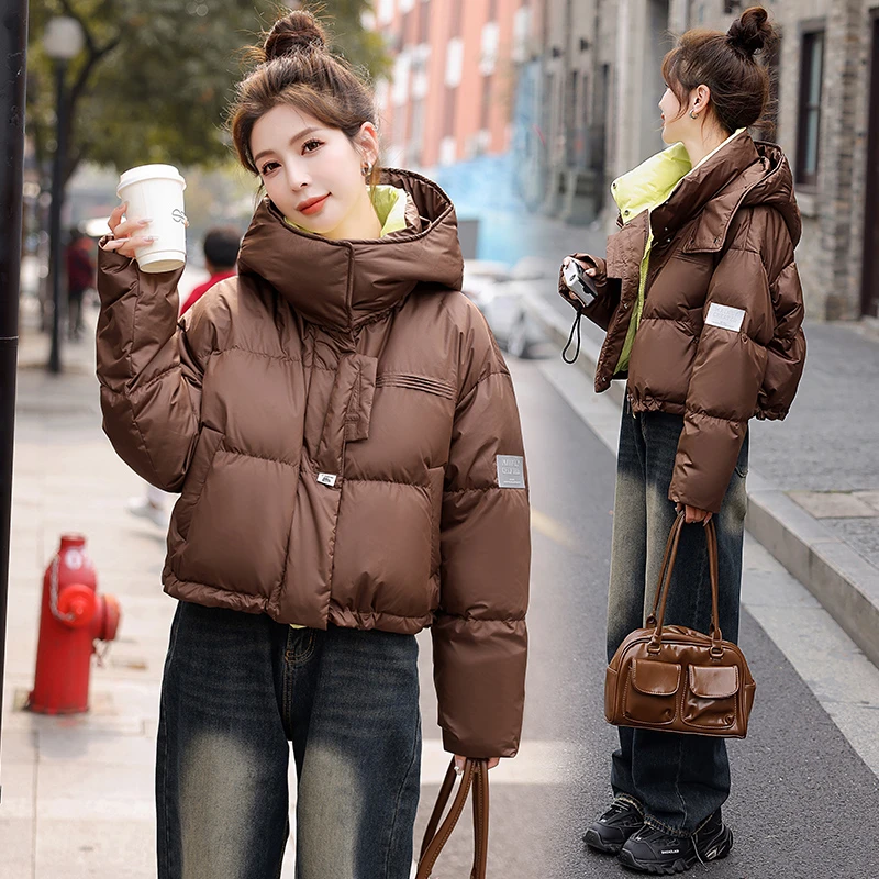 韩版宽松加厚羽绒服女短款2024冬季新款小个子时尚连帽白鸭绒外套