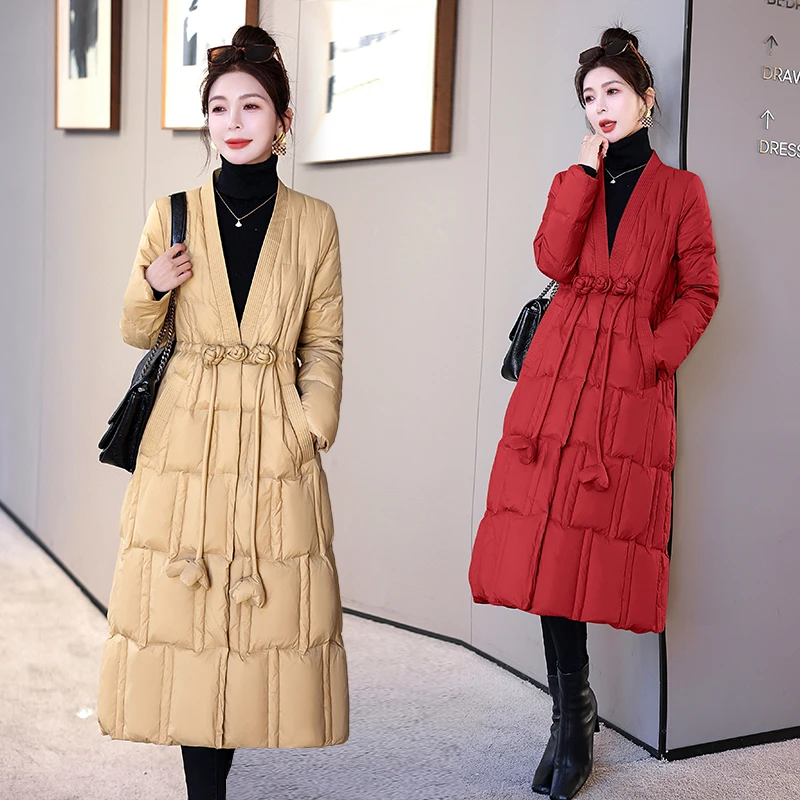 时尚收腰加厚羽绒服女中长款2025冬款气质高端白鸭绒V领保暖外套