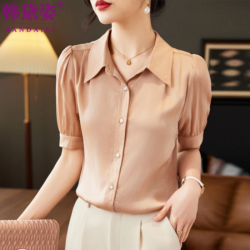 杭州品牌单排扣重磅真丝衬衫女短袖2025夏新款气质高端桑蚕丝上衣
