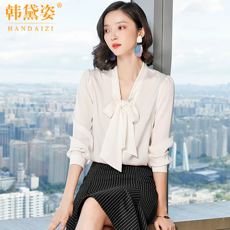 重磅真丝衬衫女长袖2025年春装新款蝴蝶结飘带桑蚕丝上衣高端衬衣
