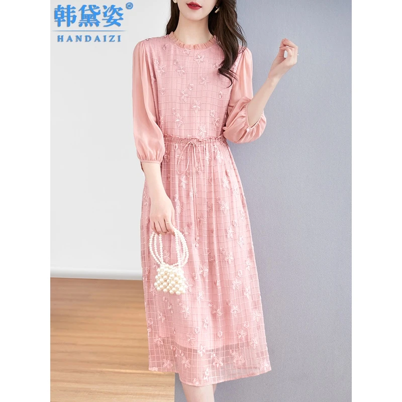 高端刺绣真丝桑蚕丝连衣裙女中长款2025年春夏新款气质五分袖裙子