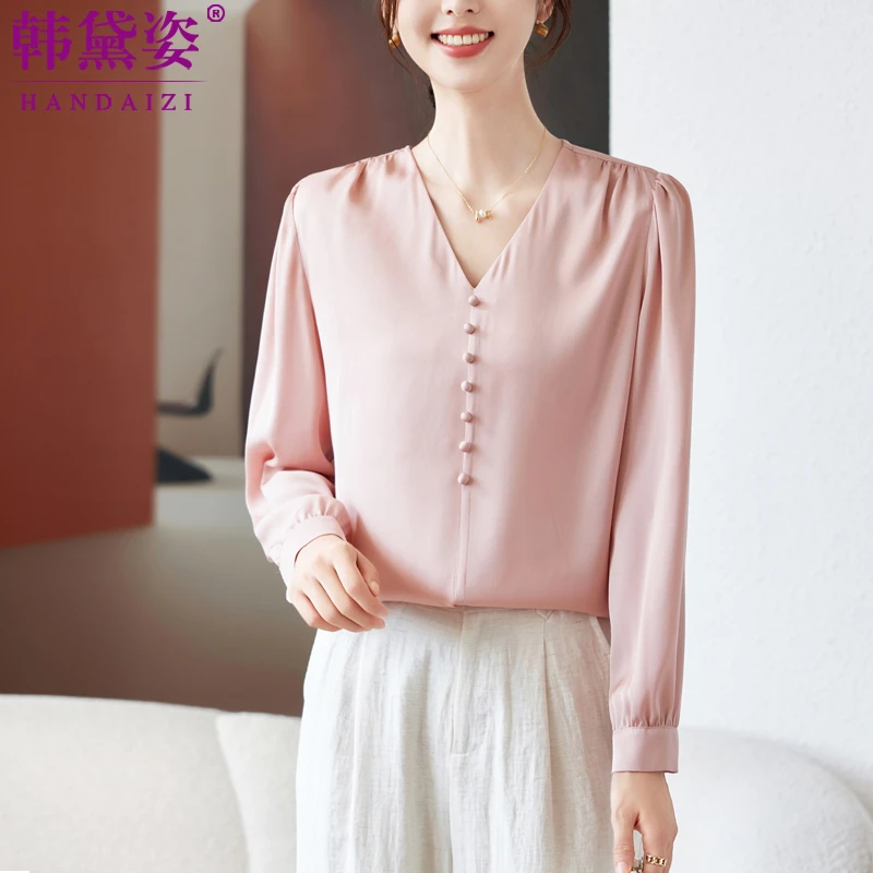 V领重磅真丝衬衫女长袖2025春季新款杭州品牌显瘦桑蚕丝气质上衣