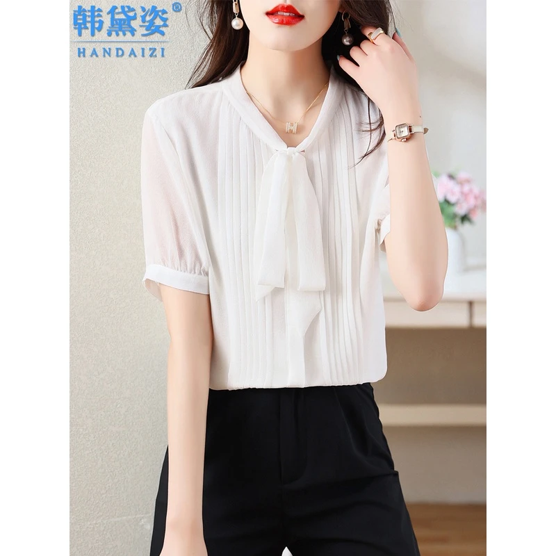 时尚气质真丝衬衫女短袖100桑蚕丝上衣2025年夏装蝴蝶结飘带小衫