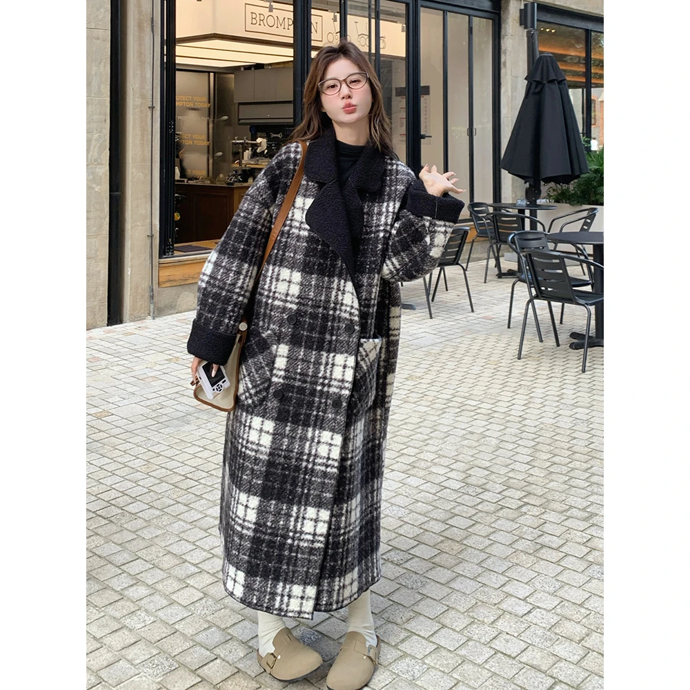 高级感两面穿复古格子大衣女2025冬中长款加厚新款毛呢外套