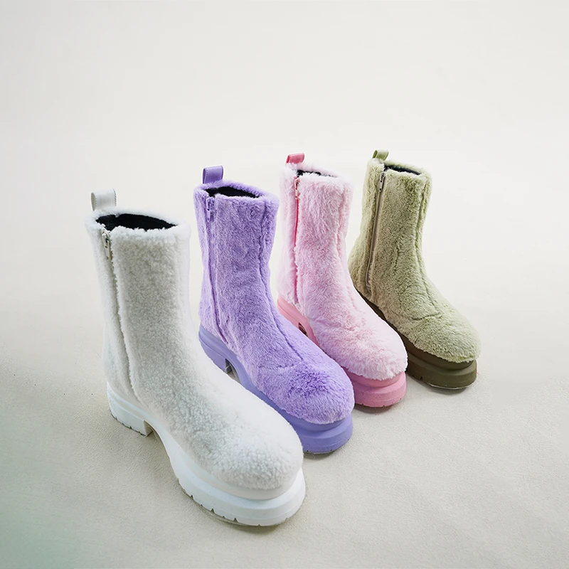 JW ANDERSON 白/粉/绿/紫四色 侧拉链毛绒厚底中筒靴工装靴 正品