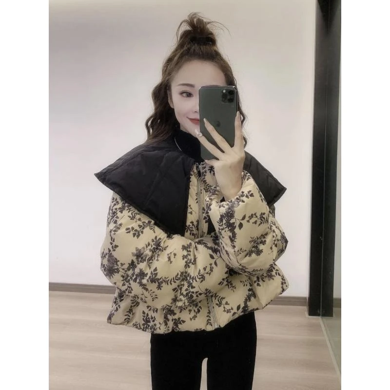 2023新款韩系碎花羽绒服女冬季短款潮流洋气娃娃领感鸭绒外套