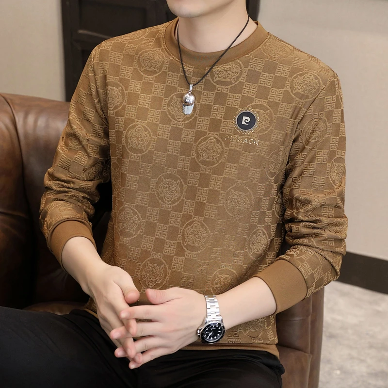 皮尔卡丹卫衣男高档提花长袖针织衫出秋季休闲百搭圆领打底衫