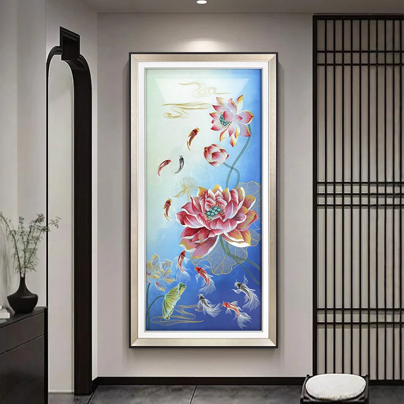 【苏绣坊】居家好物荷花玄关九鱼图装饰画玄关挂画2025最新款高级感