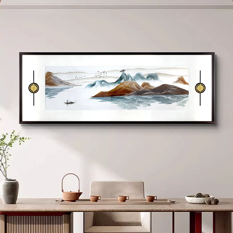 【苏绣坊】横版大幅书房装饰画新中式刺绣高端山水画卧室床头壁画茶
