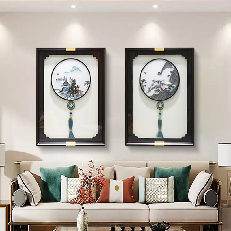 【苏绣坊】山居图千里江山图立体刺绣挂画新中式餐厅装饰画两联壁画