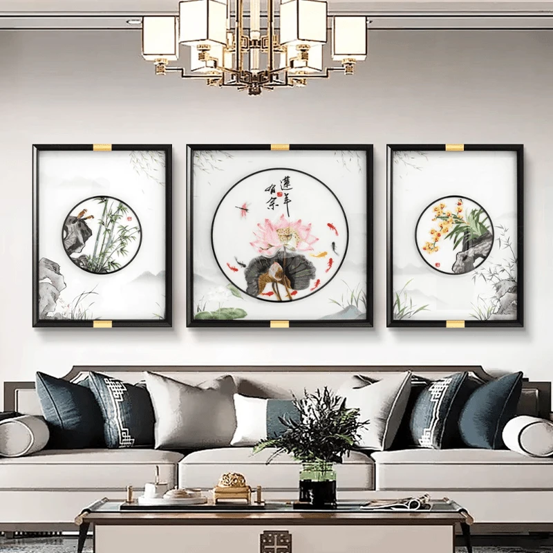【苏绣坊】新款高档刺绣画新中式客厅装饰画高端沙发客厅背景墙挂画