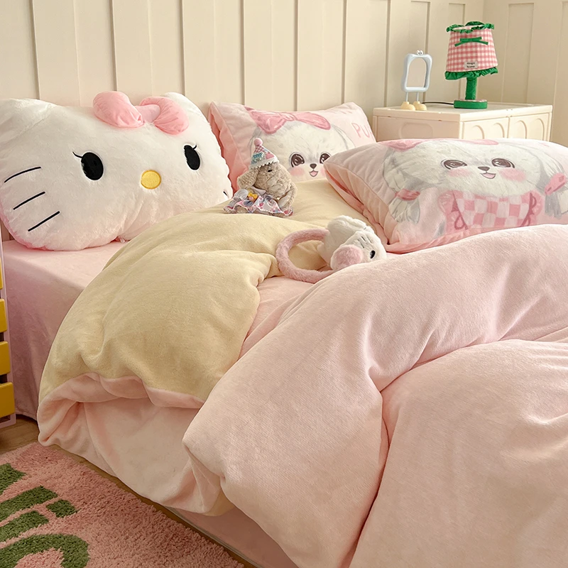 卡通双面牛奶绒四件套绒加厚可爱风大版枕套保暖纯色双拼床上用品