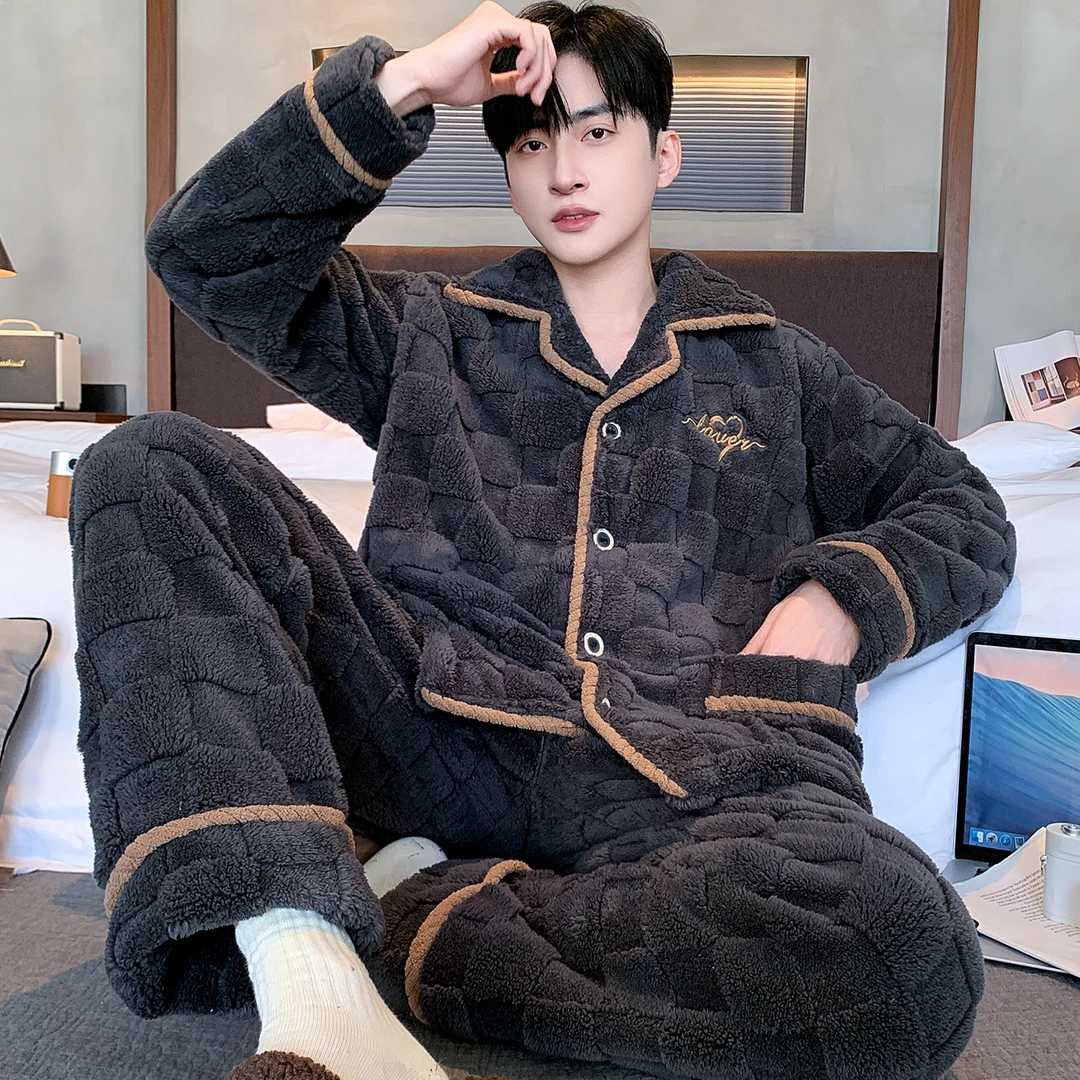 【软糯肤感】秋冬天男休闲大码男士可外穿家居服睡衣套装珊瑚绒