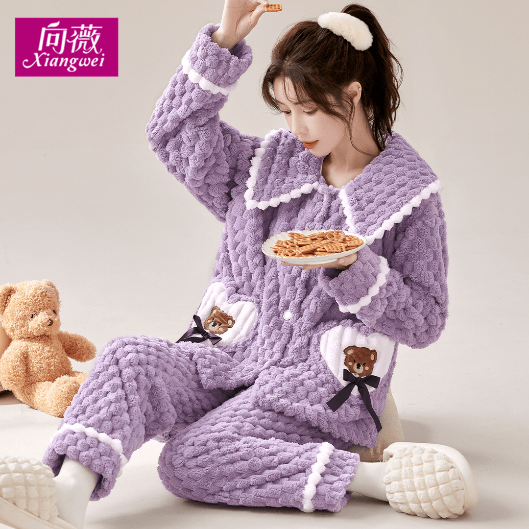 【泡泡绒爱心熊】加厚珊瑚绒睡衣女秋冬可外穿暖绒法兰绒家居服加绒