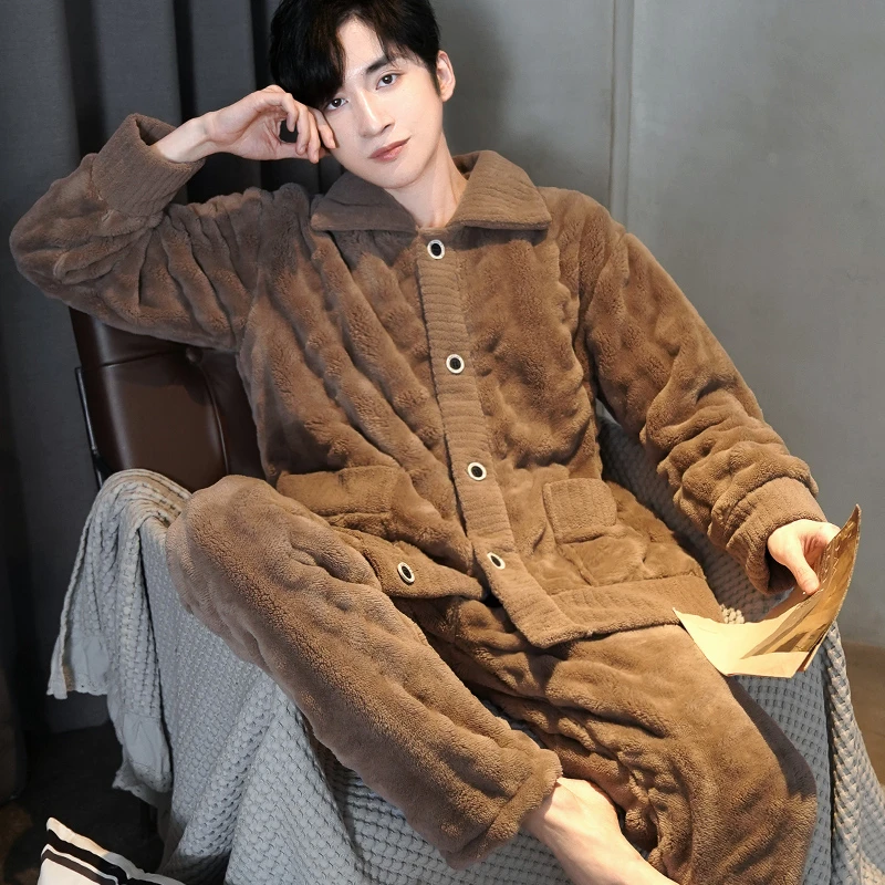 加厚珊瑚绒睡衣开衫男款秋冬季长袖大码中年法兰绒家居服两件套装