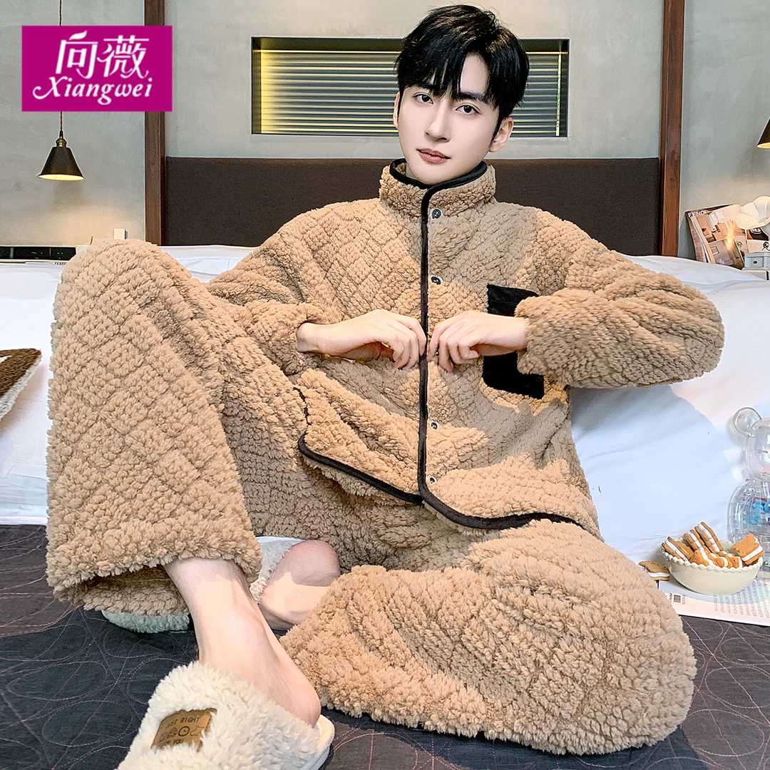 秋冬新款拼色口袋加厚加绒宽松大码珊瑚绒家居服睡衣可外穿法兰绒