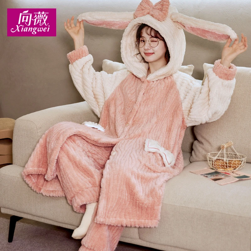 珊瑚绒睡衣秋冬季女士外穿保暖法兰绒可爱甜美中长款睡袍套装大码