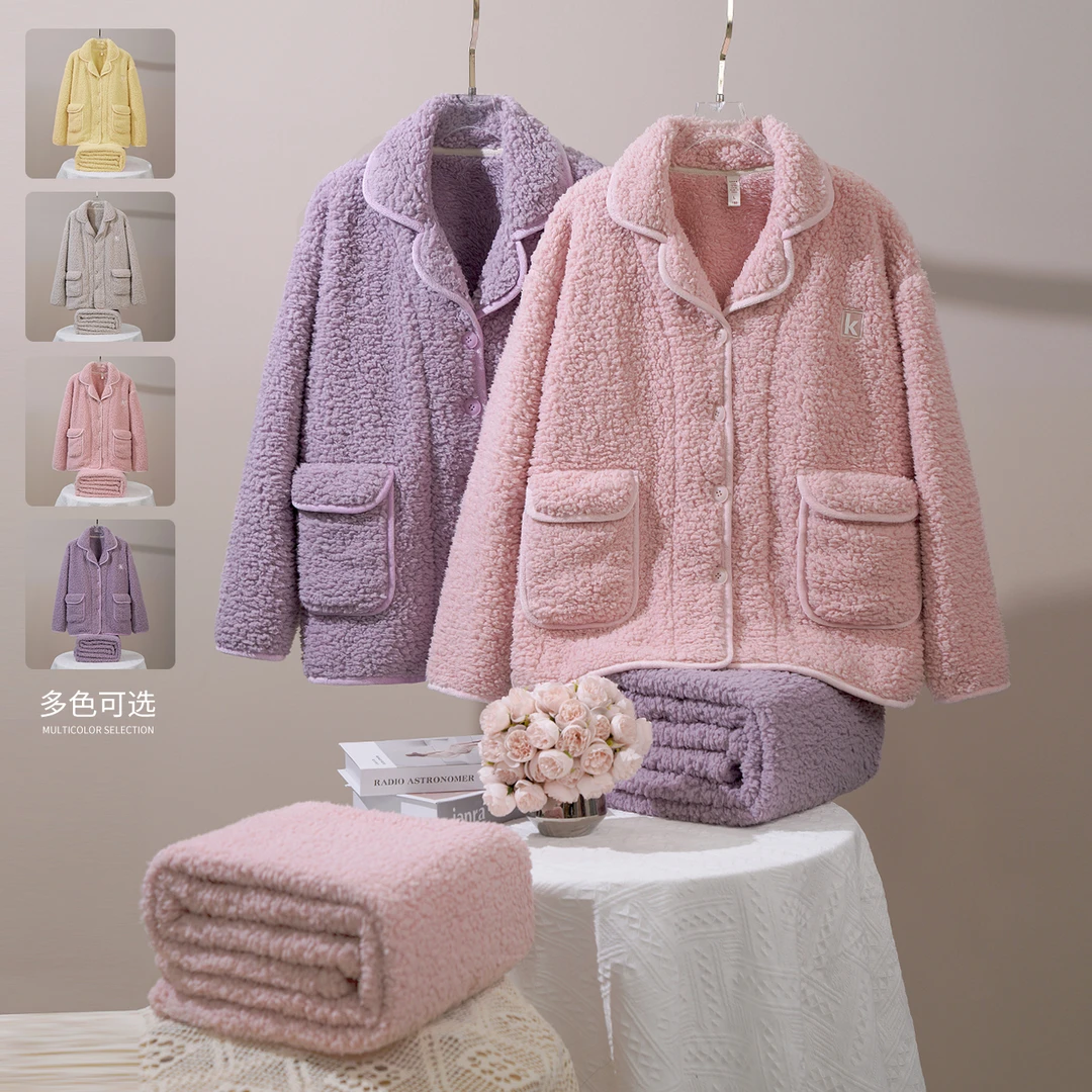 可外穿家居服加厚法兰绒保暖套装睡衣女士秋冬季珊瑚绒