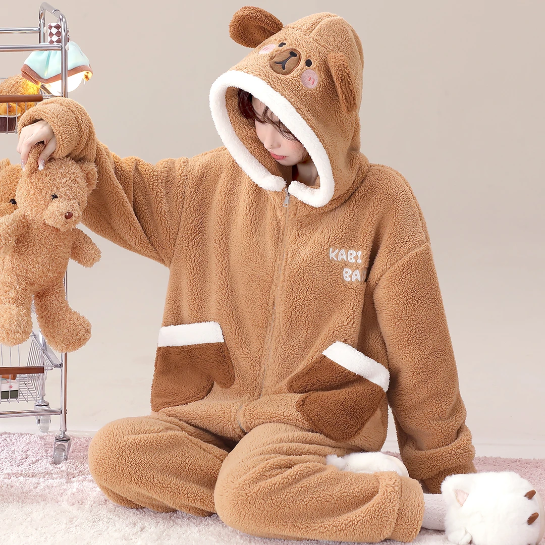 【卡比小熊】法兰绒连帽可爱卡通睡衣秋冬天暖绒可外穿家居服两件套