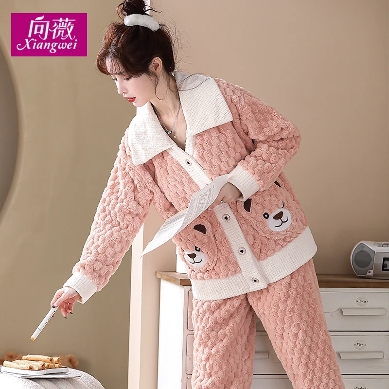 泡泡绒小熊冬季新款珊瑚绒睡衣女加厚加绒法兰绒家居服可爱甜美