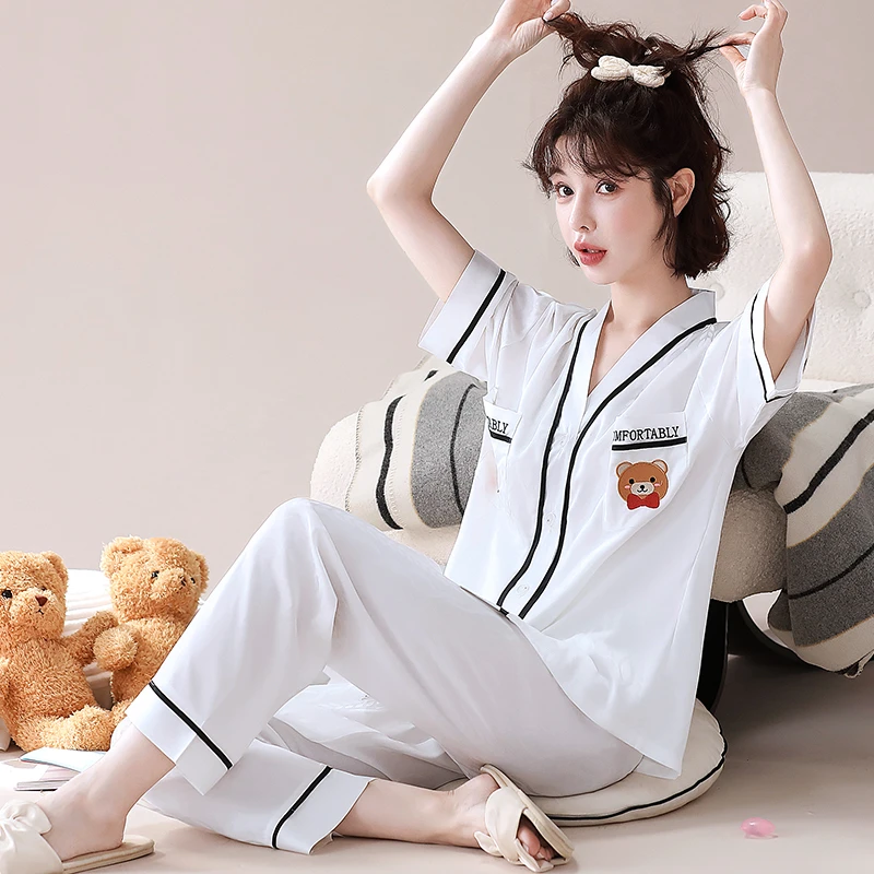 小熊女士卡通可爱夏季短袖长裤缎面丝睡衣家居服两件套装薄款