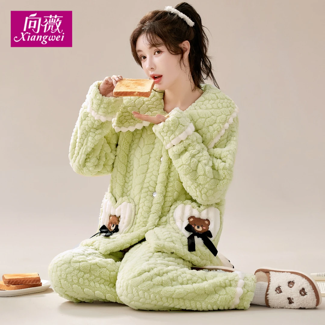 秋冬女士法兰绒可爱甜美可外穿家居服睡衣珊瑚绒套装冬毛绒家居服