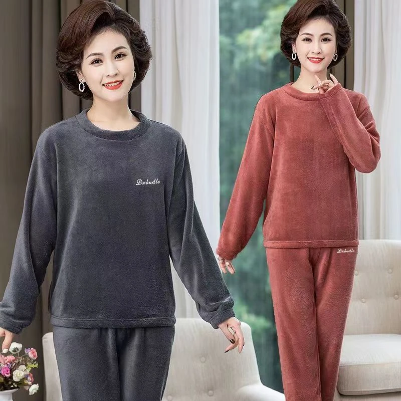 珊瑚绒妈妈加厚中老年秋冬保暖套装睡衣女士宽松家居服暖暖套装