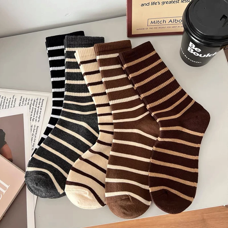 6双装春秋款条纹百搭学院风袜网红中筒袜袜子棉袜女韩版潮流学生