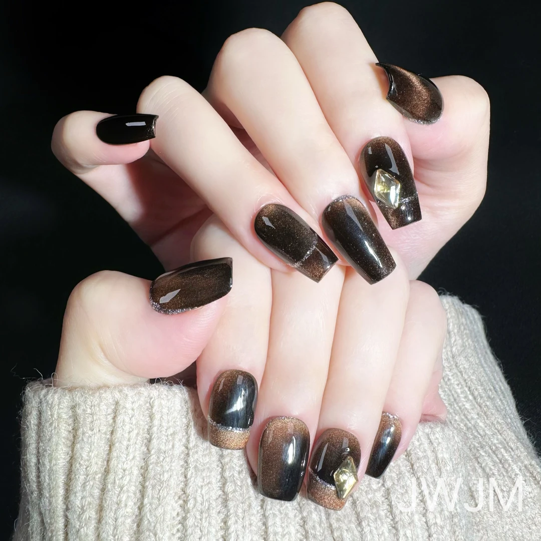 【孤品49号】JWJM设计手工穿戴甲棕色猫眼显手白手长10片拆卸款