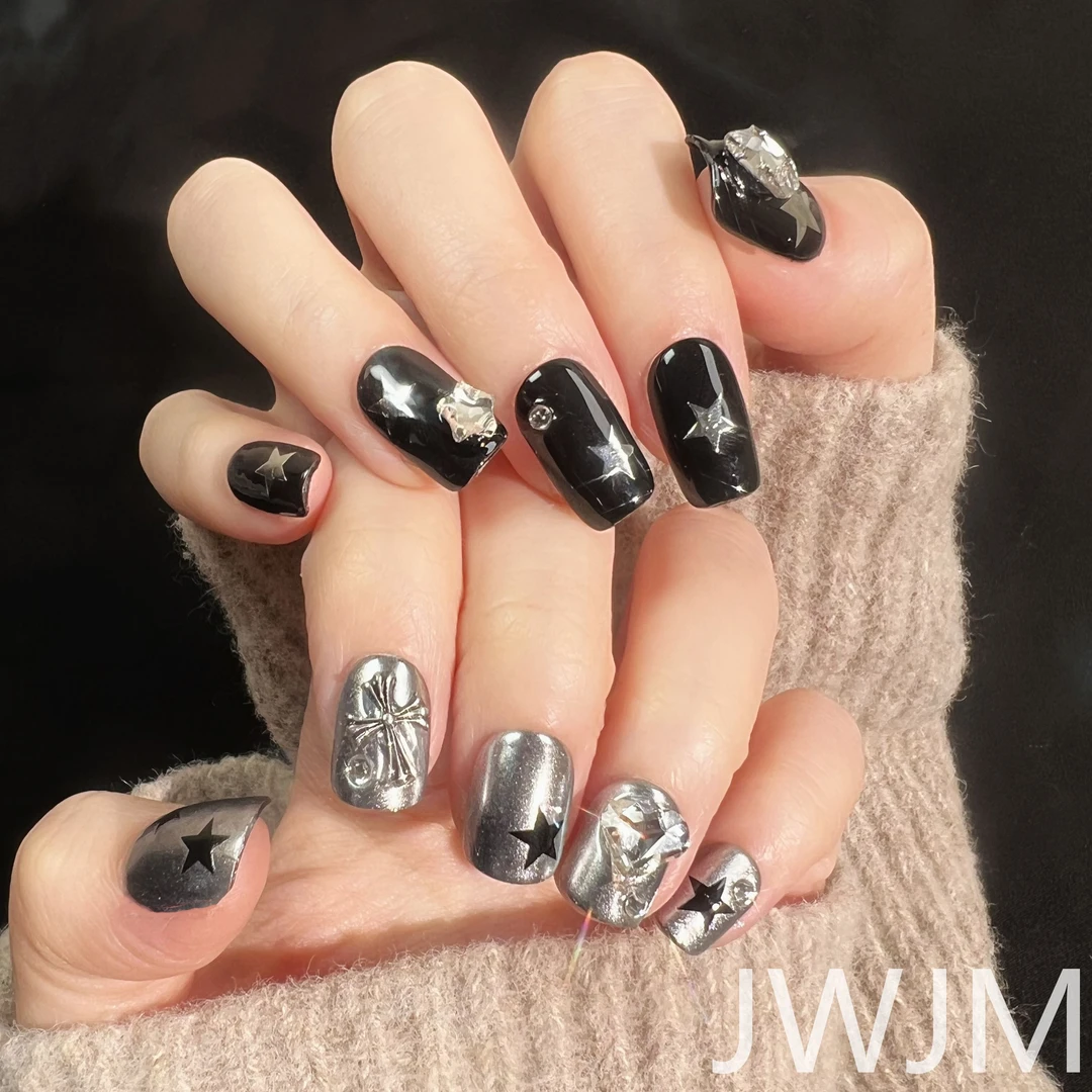 【夜色星光】JWJM设计手工穿戴美甲方型甜酷辣妹10片黑银鸳鸯美甲