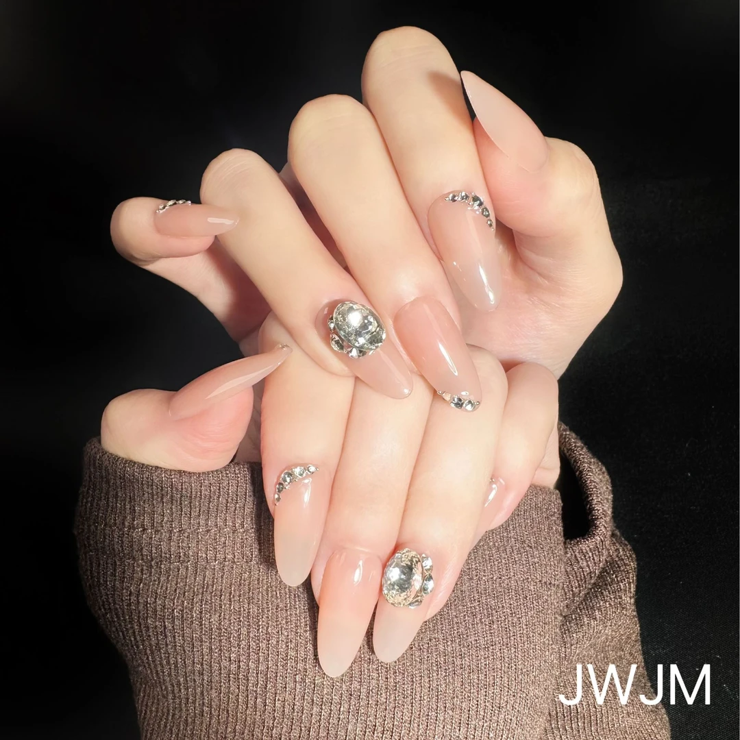 JWJM设计手工穿戴甲反复佩戴大钻椭圆裸粉百搭婚甲显手白10片夏款