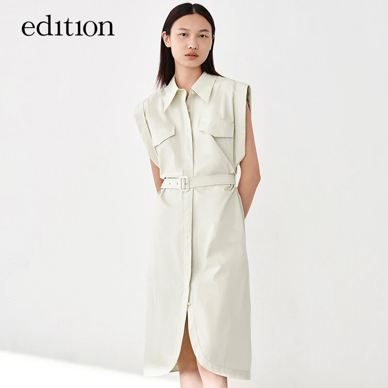 edition度假风宽肩无袖连衣裙女系带收腰工装衬衫裙#EBA2DRST13