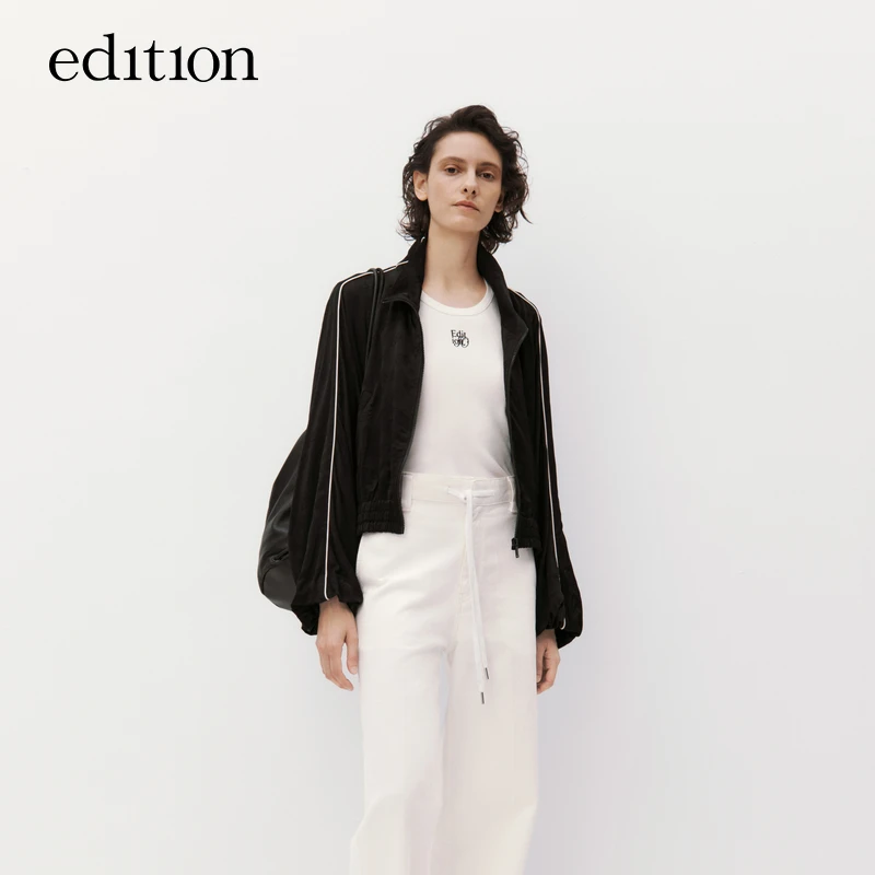 edition秋运动外套女撞色边修身短款提花外套#EBC3COTT08