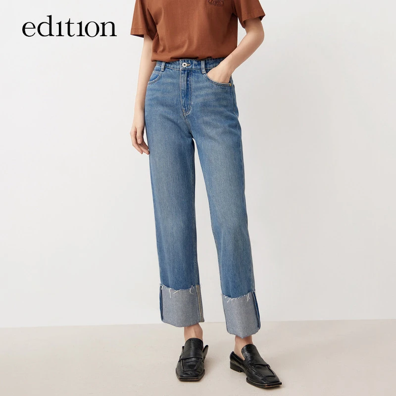 edition直筒裤女翻边新款时尚宽松休闲显瘦高腰牛仔裤#EBC3JENT15